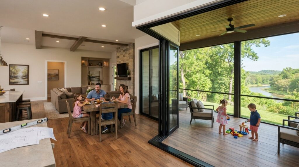 indoor outdoor transition remodel Batesville sliding glass walls
